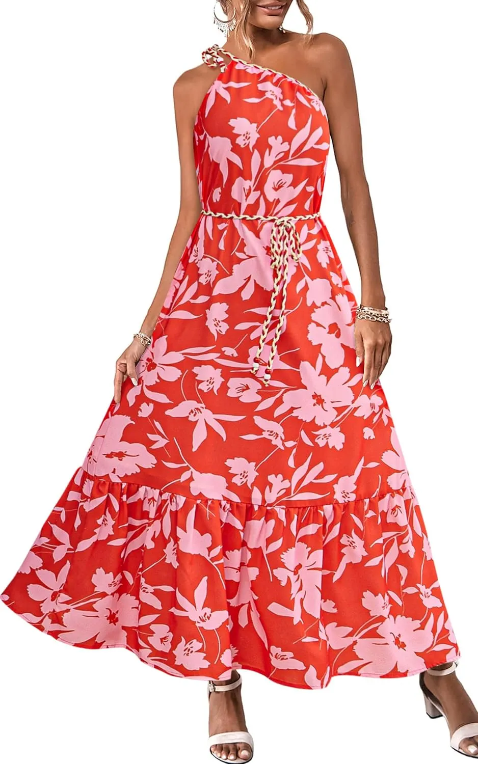 ECOWISH Womens Summer Maxi Dress Casual One Shoulder Midi Dresses Beach Vacation Boho Floral Long Sundress with Pockets 2025