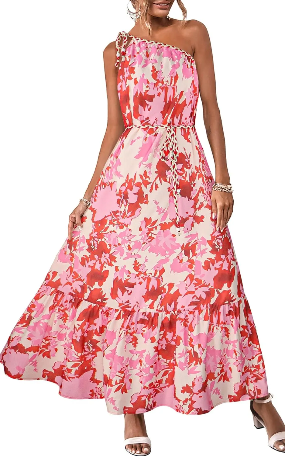 ECOWISH Womens Summer Maxi Dress Casual One Shoulder Midi Dresses Beach Vacation Boho Floral Long Sundress with Pockets 2025