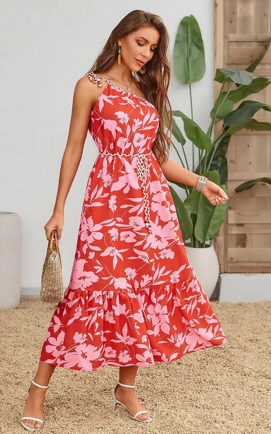 ECOWISH Womens Summer Maxi Dress Casual One Shoulder Midi Dresses Beach Vacation Boho Floral Long Sundress with Pockets 2025