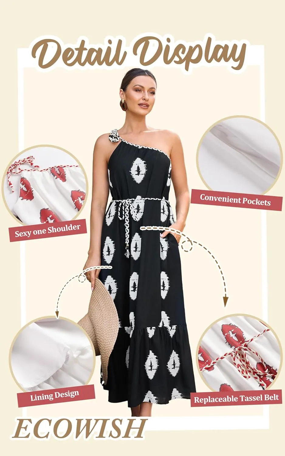 ECOWISH Womens Summer Maxi Dress Casual One Shoulder Midi Dresses Beach Vacation Boho Floral Long Sundress with Pockets 2025