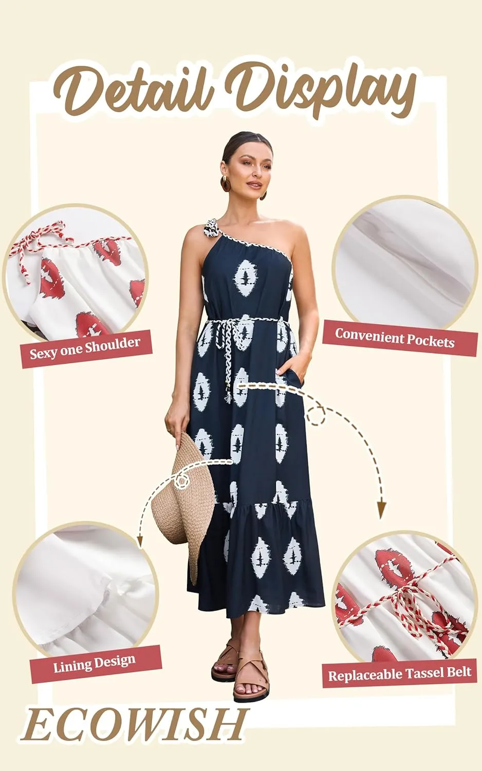 ECOWISH Womens Summer Maxi Dress Casual One Shoulder Midi Dresses Beach Vacation Boho Floral Long Sundress with Pockets 2025