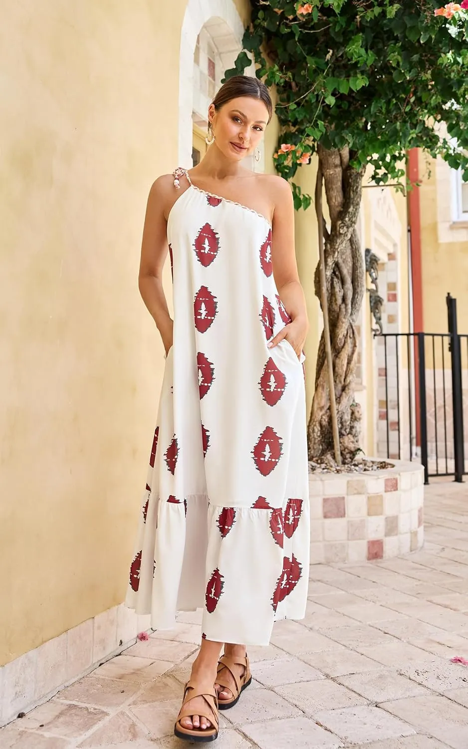 ECOWISH Womens Summer Maxi Dress Casual One Shoulder Midi Dresses Beach Vacation Boho Floral Long Sundress with Pockets 2025