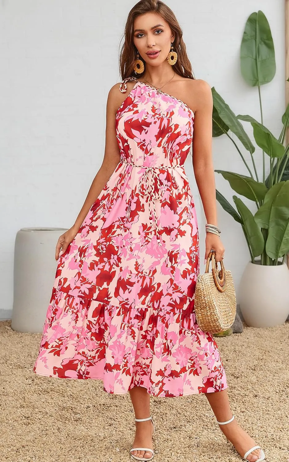 ECOWISH Womens Summer Maxi Dress Casual One Shoulder Midi Dresses Beach Vacation Boho Floral Long Sundress with Pockets 2025