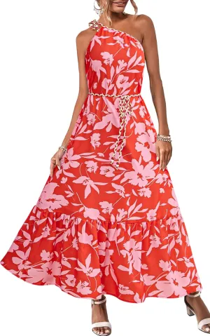 ECOWISH Womens Summer Maxi Dress Casual One Shoulder Midi Dresses Beach Vacation Boho Floral Long Sundress with Pockets 2025