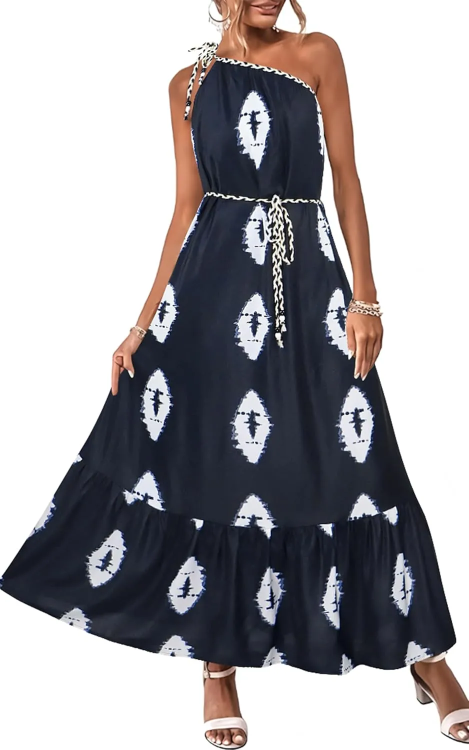 ECOWISH Womens Summer Maxi Dress Casual One Shoulder Midi Dresses Beach Vacation Boho Floral Long Sundress with Pockets 2025