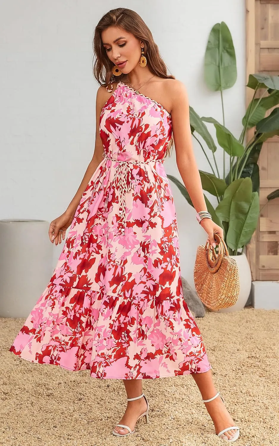 ECOWISH Womens Summer Maxi Dress Casual One Shoulder Midi Dresses Beach Vacation Boho Floral Long Sundress with Pockets 2025
