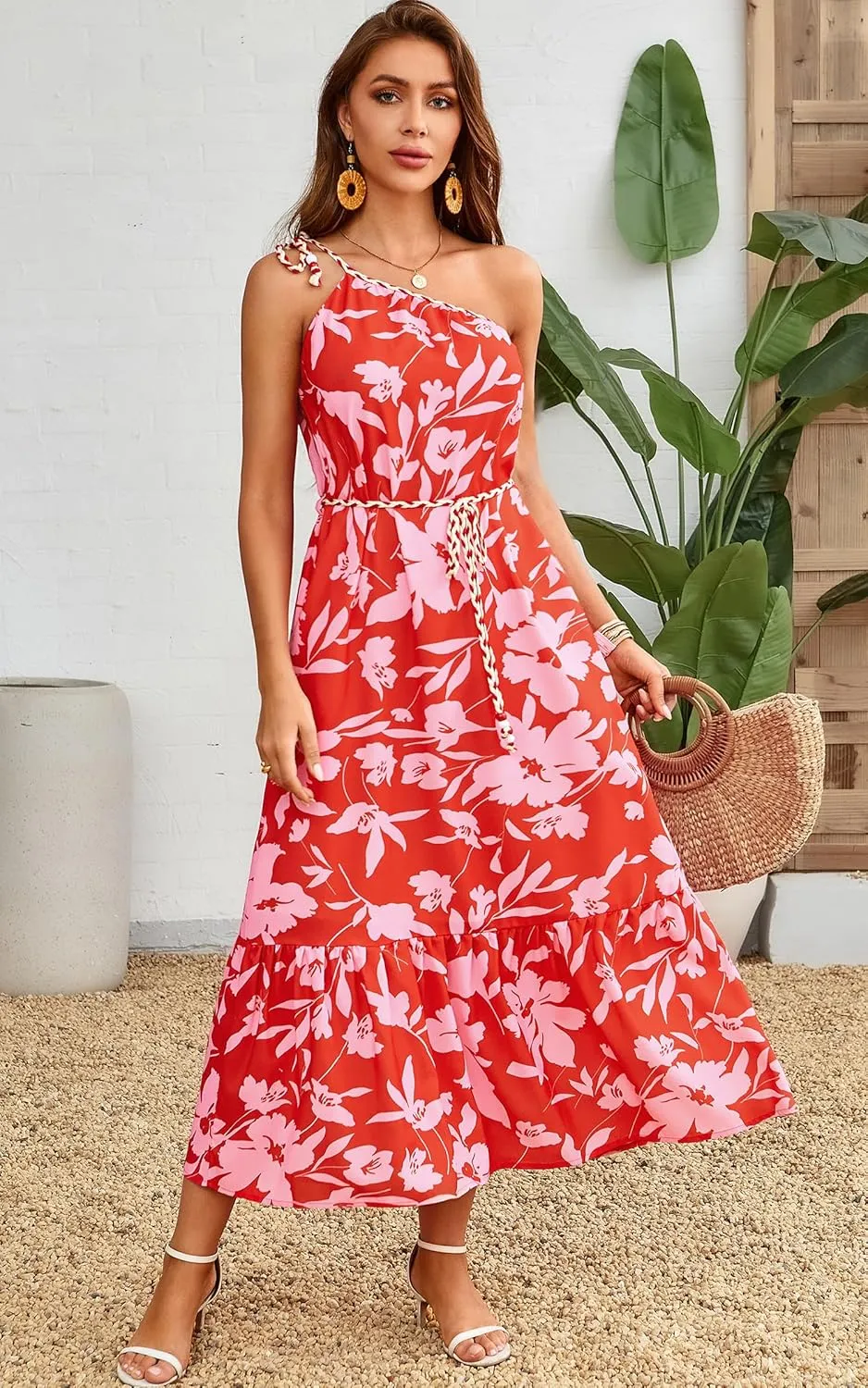 ECOWISH Womens Summer Maxi Dress Casual One Shoulder Midi Dresses Beach Vacation Boho Floral Long Sundress with Pockets 2025