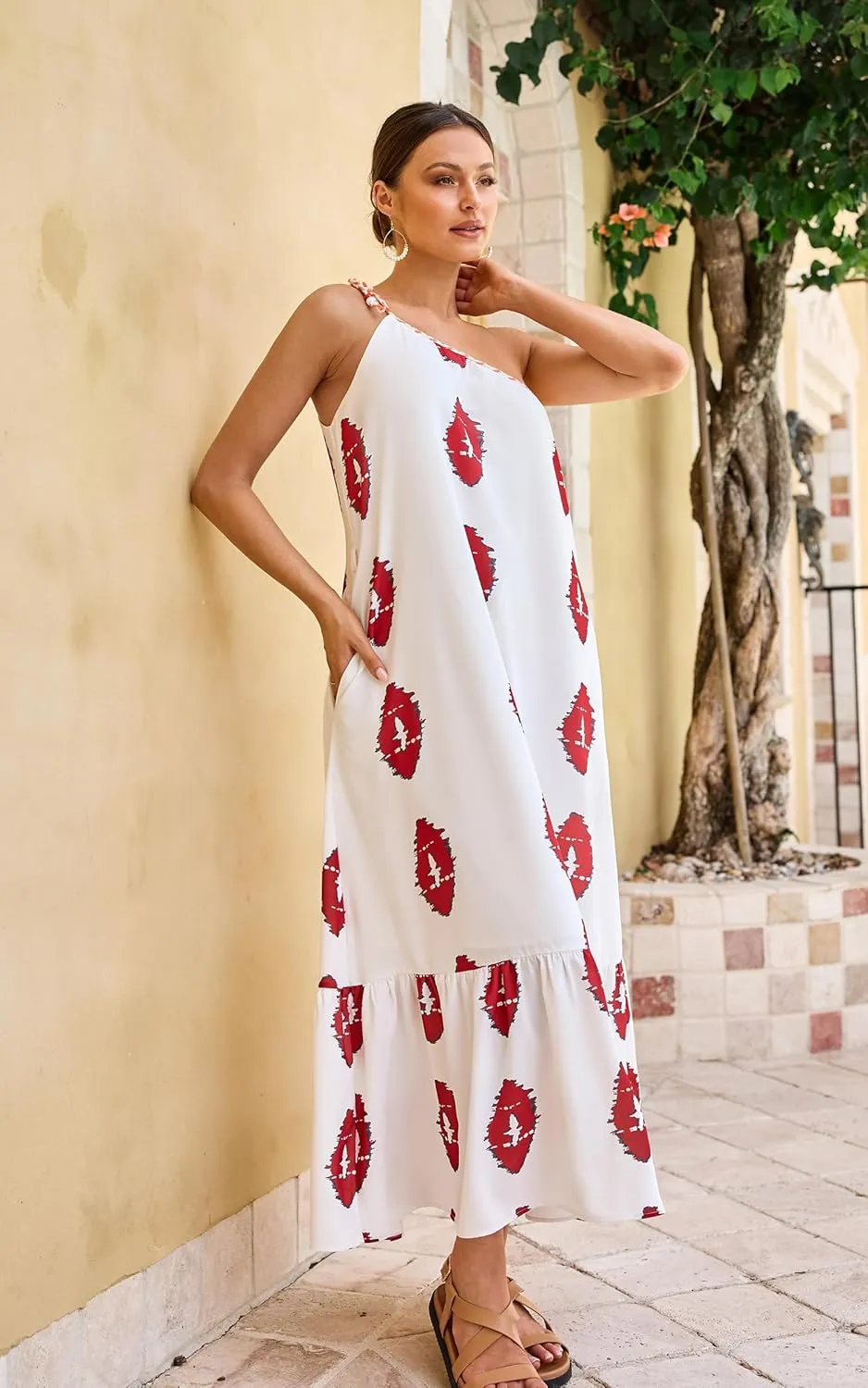 ECOWISH Womens Summer Maxi Dress Casual One Shoulder Midi Dresses Beach Vacation Boho Floral Long Sundress with Pockets 2025
