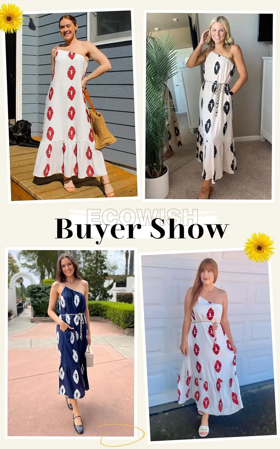 ECOWISH Womens Summer Maxi Dress Casual One Shoulder Midi Dresses Beach Vacation Boho Floral Long Sundress with Pockets 2025