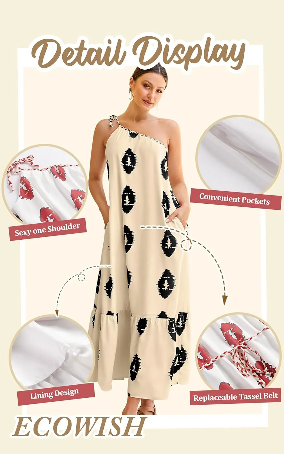 ECOWISH Womens Summer Maxi Dress Casual One Shoulder Midi Dresses Beach Vacation Boho Floral Long Sundress with Pockets 2025