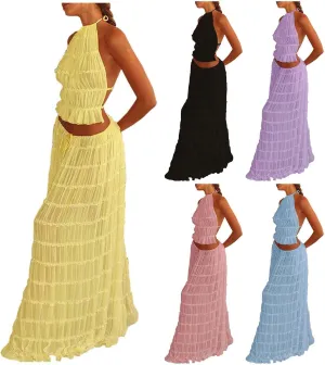 Elegant Chiffon Pleated Maxi Skirt Set with Neck Crop Top and Wooden Bead for Women Plus Size Prom Dress