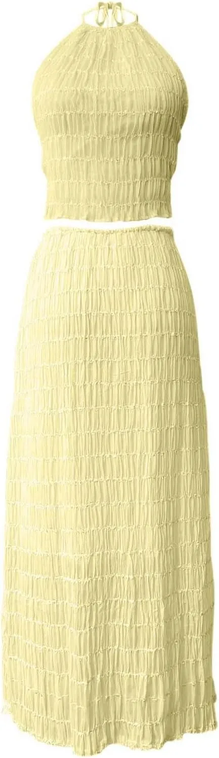 Elegant Chiffon Pleated Maxi Skirt Set with Neck Crop Top and Wooden Bead for Women Plus Size Prom Dress