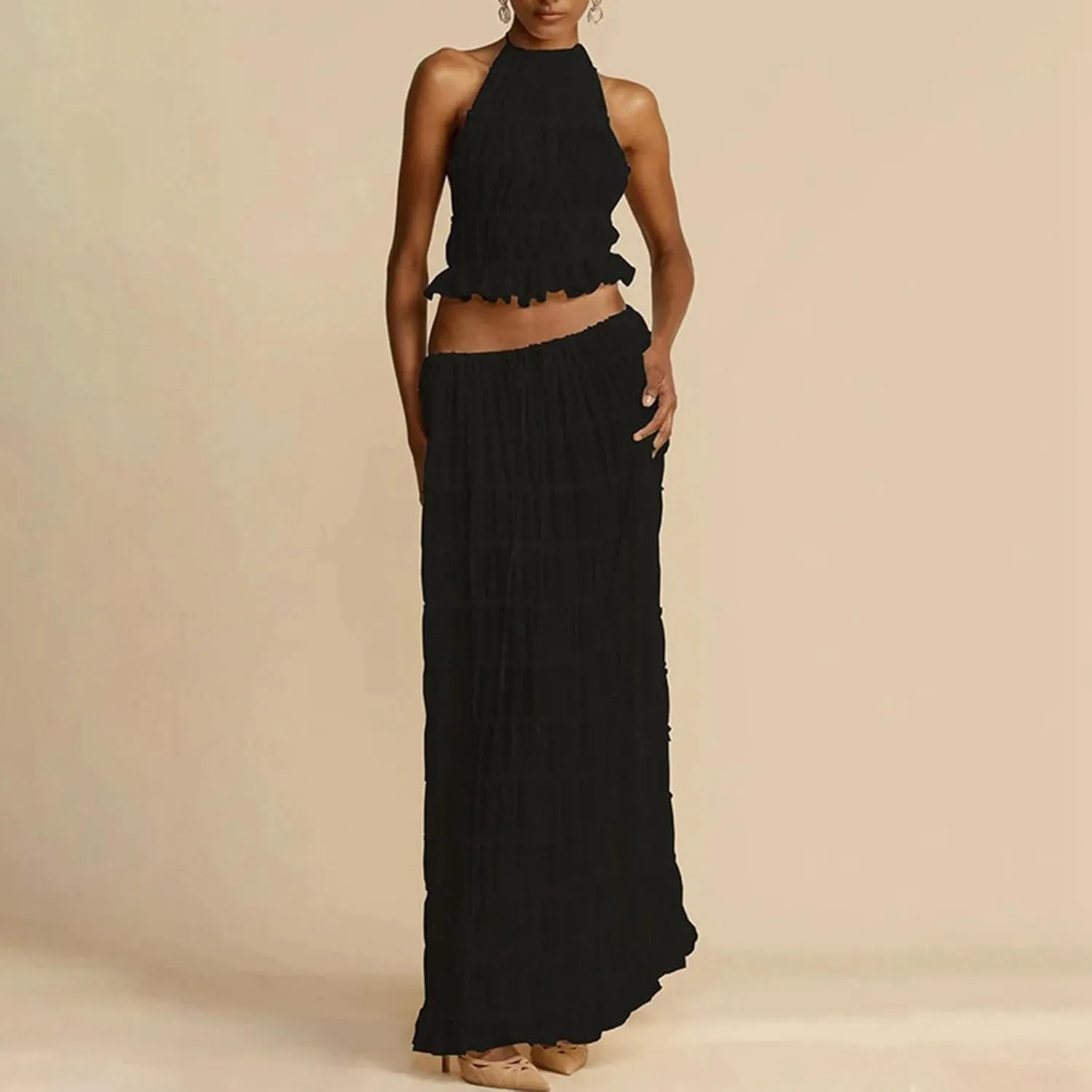 Elegant Chiffon Pleated Maxi Skirt Set with Neck Crop Top and Wooden Bead for Women Plus Size Prom Dress