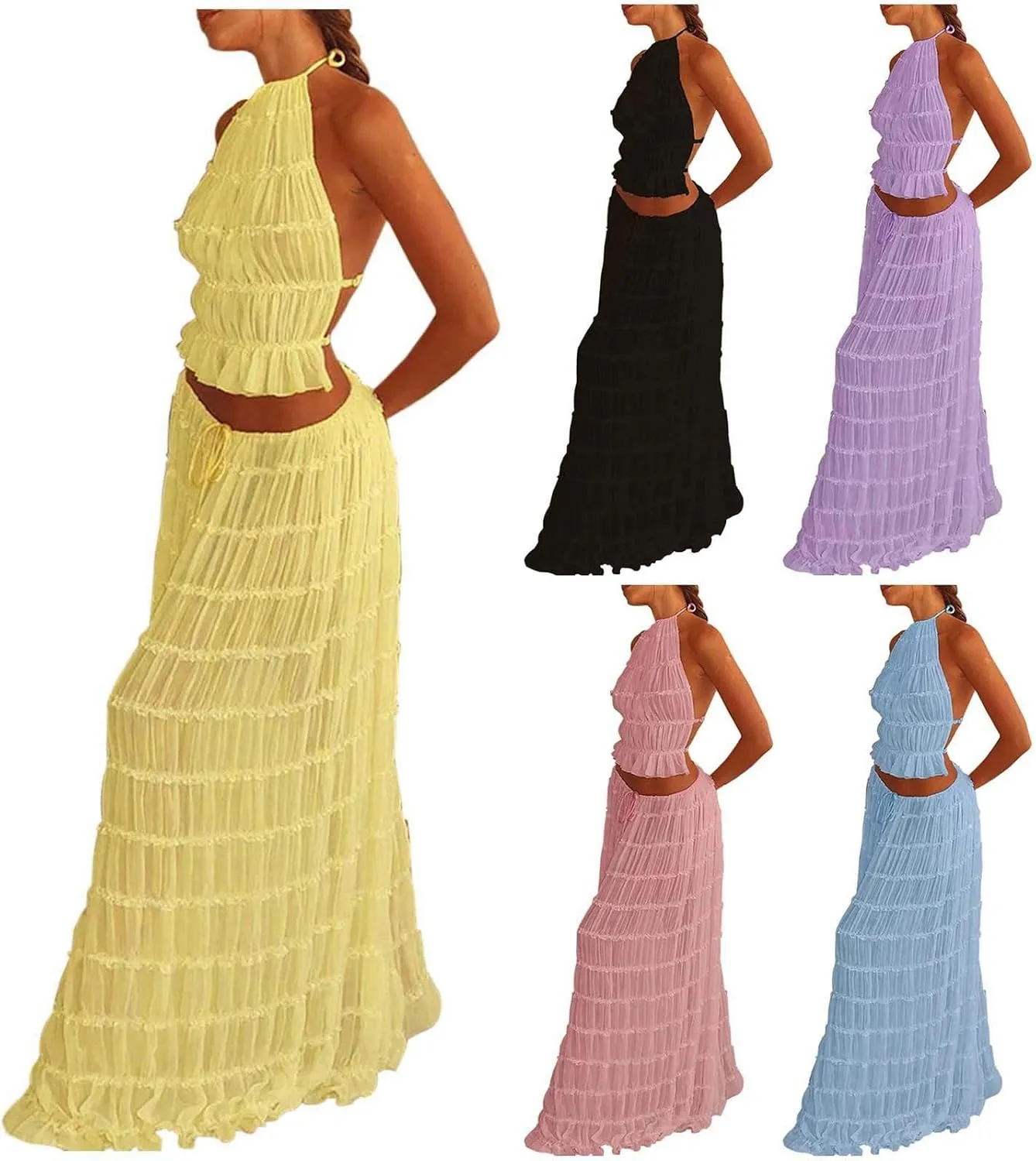 Elegant Chiffon Pleated Maxi Skirt Set with Neck Crop Top and Wooden Bead for Women Plus Size Prom Dress