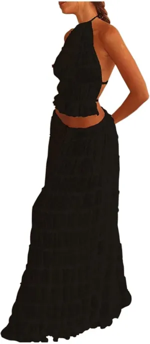 Elegant Chiffon Pleated Maxi Skirt Set with Neck Crop Top and Wooden Bead for Women Plus Size Prom Dress