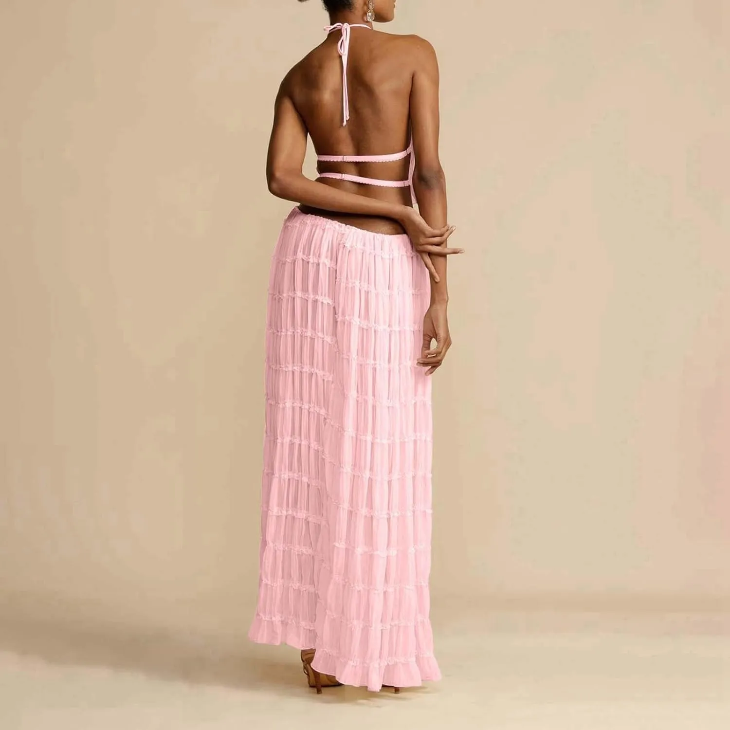 Elegant Chiffon Pleated Maxi Skirt Set with Neck Crop Top and Wooden Bead for Women Plus Size Prom Dress