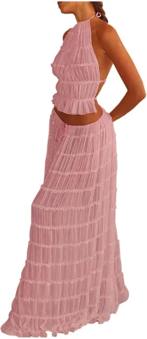 Elegant Chiffon Pleated Maxi Skirt Set with Neck Crop Top and Wooden Bead for Women Plus Size Prom Dress