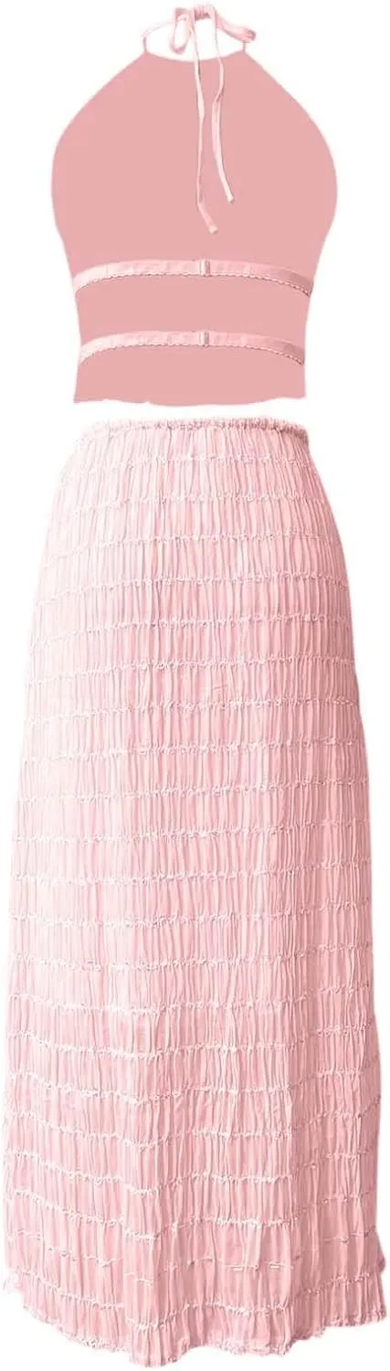 Elegant Chiffon Pleated Maxi Skirt Set with Neck Crop Top and Wooden Bead for Women Plus Size Prom Dress