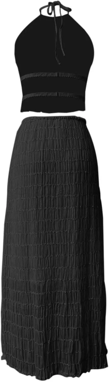 Elegant Chiffon Pleated Maxi Skirt Set with Neck Crop Top and Wooden Bead for Women Plus Size Prom Dress
