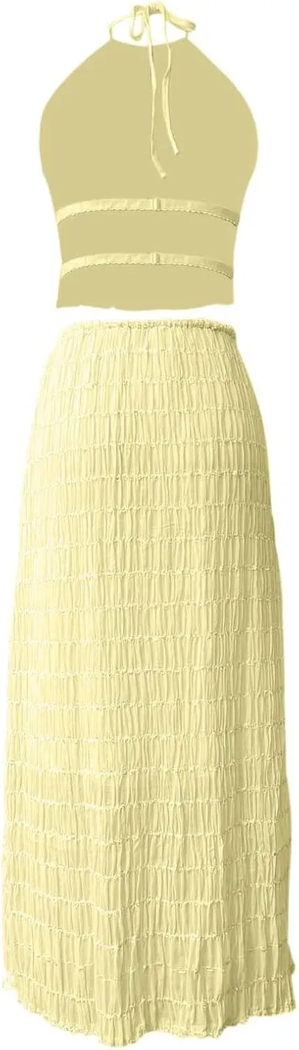 Elegant Chiffon Pleated Maxi Skirt Set with Neck Crop Top and Wooden Bead for Women Plus Size Prom Dress