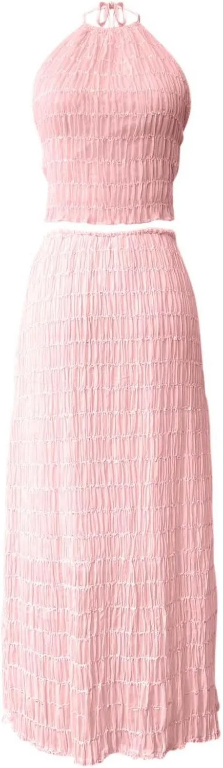 Elegant Chiffon Pleated Maxi Skirt Set with Neck Crop Top and Wooden Bead for Women Plus Size Prom Dress