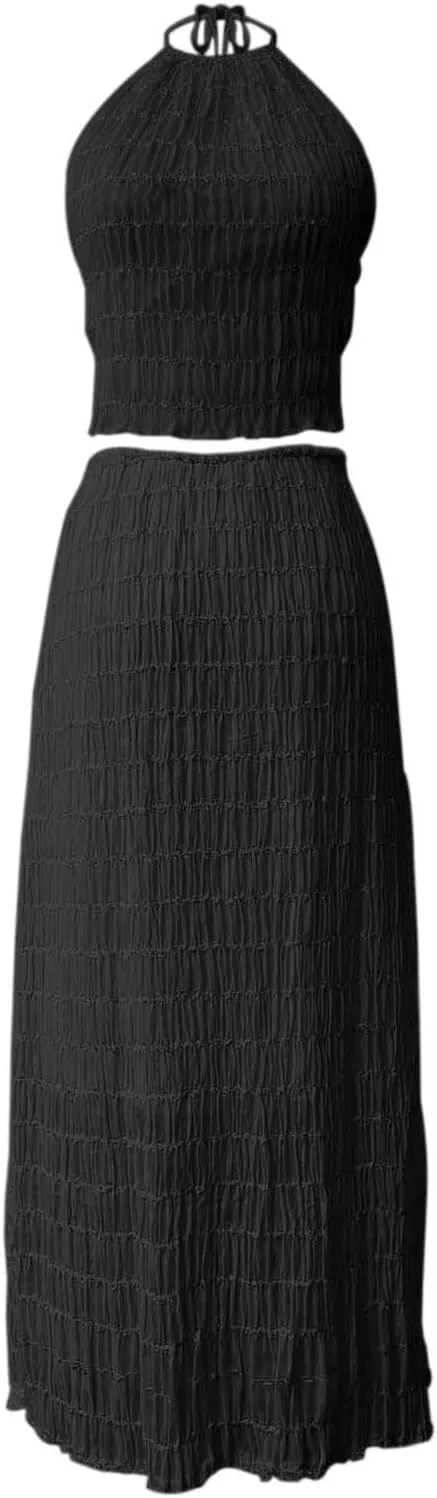 Elegant Chiffon Pleated Maxi Skirt Set with Neck Crop Top and Wooden Bead for Women Plus Size Prom Dress