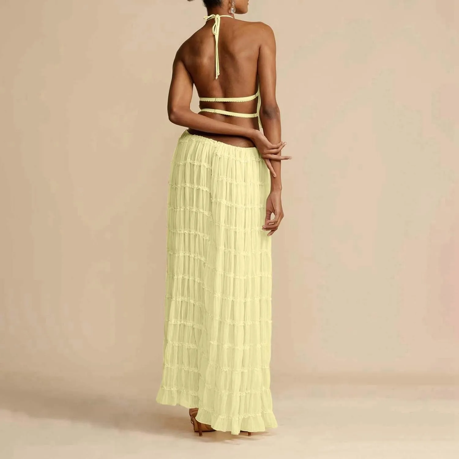 Elegant Chiffon Pleated Maxi Skirt Set with Neck Crop Top and Wooden Bead for Women Plus Size Prom Dress