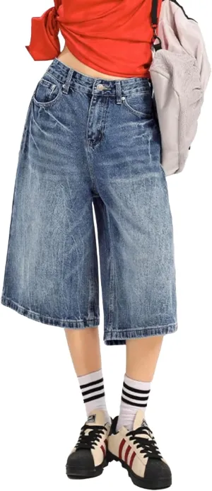 EMMIOL Jorts Women Baggy Jean Shorts Casual 2025 Summer Trendy Wide Leg Long Denim Shorts Y2K Streetwear