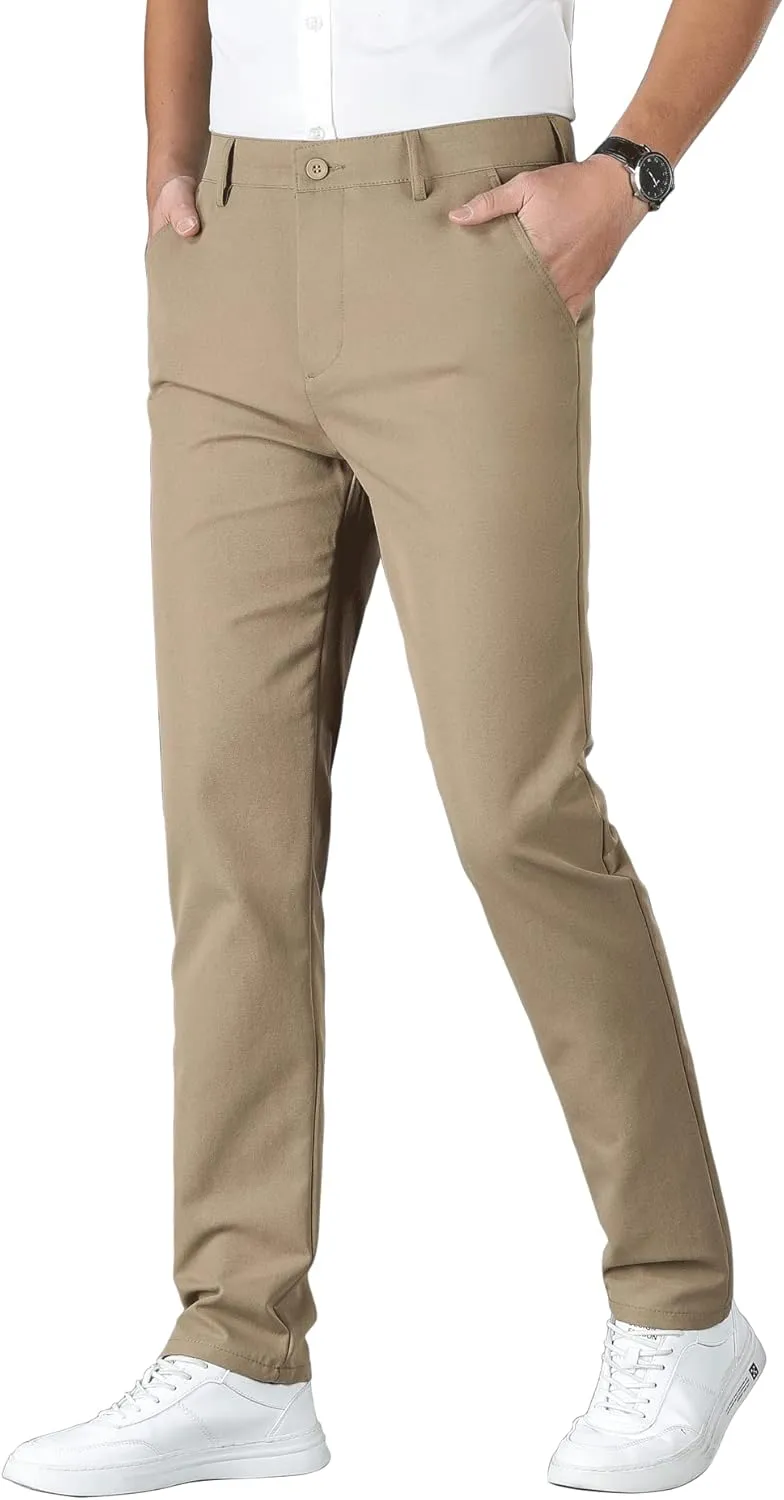 ESSYSHE Mens Slim Fit Flat Front Dress Pants Wrinkle Free Khaki Pants