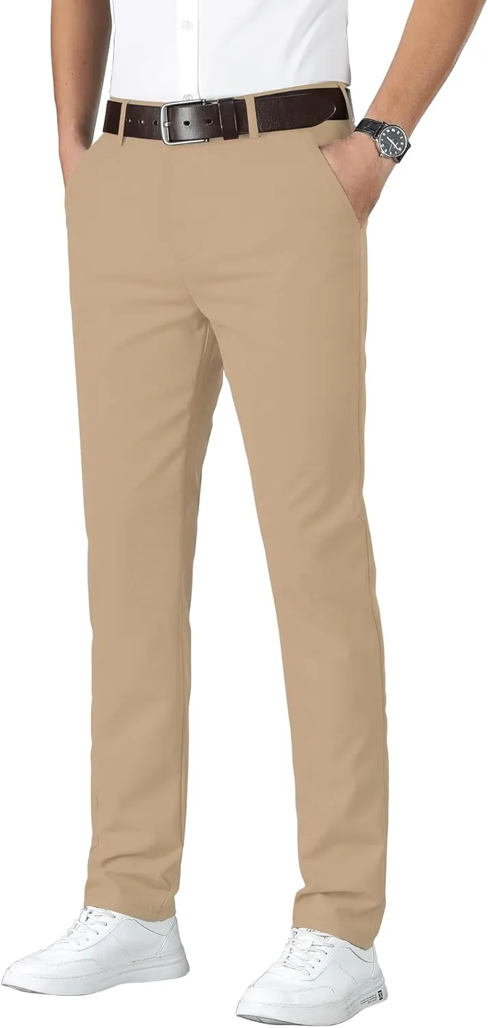 ESSYSHE Mens Slim Fit Flat Front Dress Pants Wrinkle Free Khaki Pants