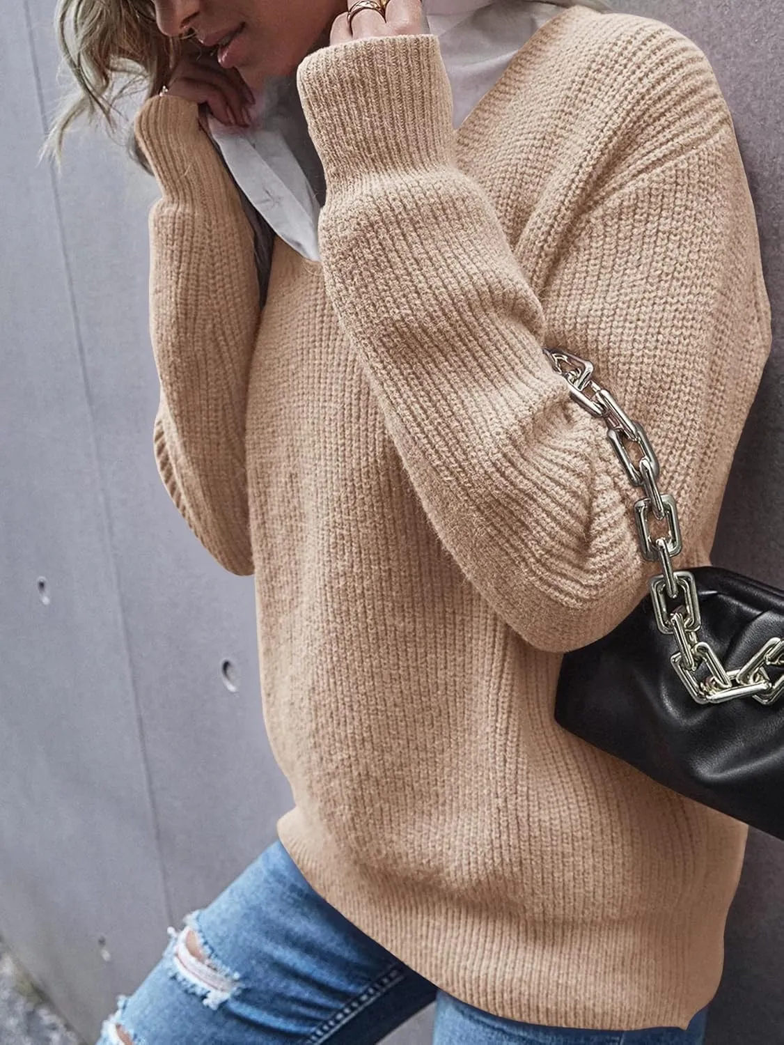 Eurivicy Women's Long Sleeve V Neck Pullover Tops Oversized Chunky Knitted Loose Jumper Sweaters