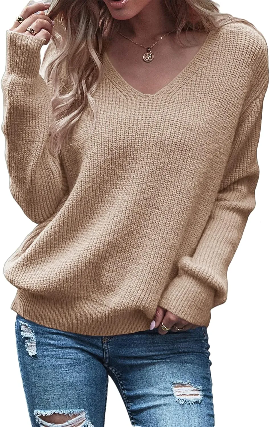 Eurivicy Women's Long Sleeve V Neck Pullover Tops Oversized Chunky Knitted Loose Jumper Sweaters