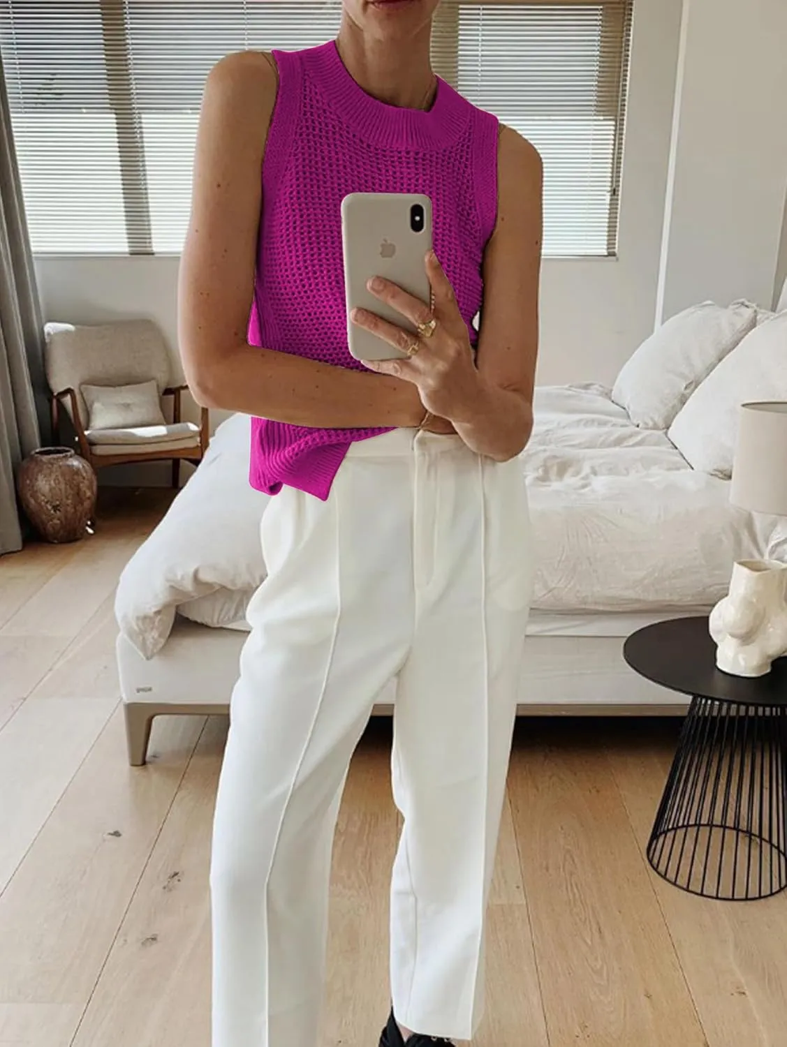 Famulily Women's Summer Knit Tank Top Sleeveless Hollow Out Tops Round Neck Crochet Knitted Cami Shirts