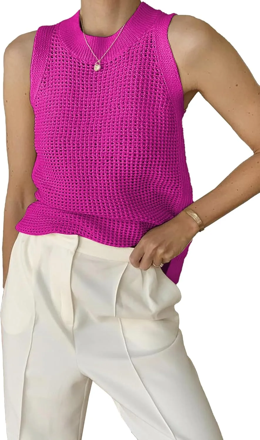 Famulily Women's Summer Knit Tank Top Sleeveless Hollow Out Tops Round Neck Crochet Knitted Cami Shirts