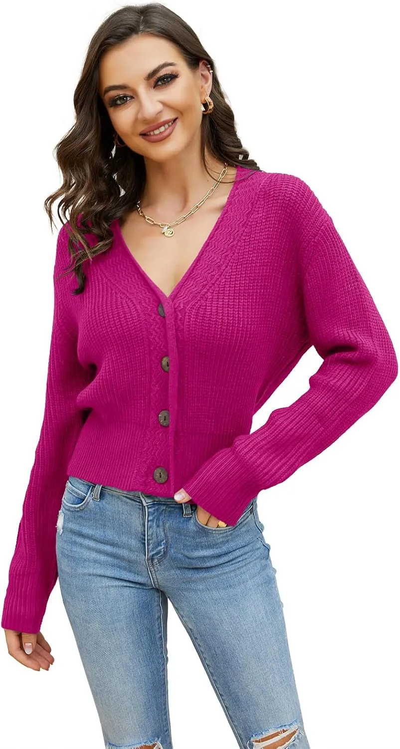 Febriajuce Women's Long Sleeve V-Neck Button Down Rib Knit Cropped Cardigan Sweater