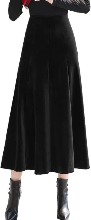 Femiserah Women's Vintage Winter Warm Velvet High Waist Elegant Flowy A-Line Midi Skirt