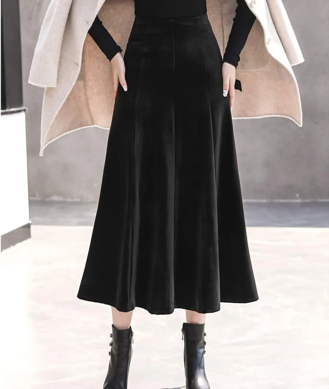 Femiserah Women's Vintage Winter Warm Velvet High Waist Elegant Flowy A-Line Midi Skirt