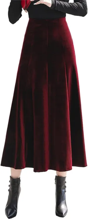 Femiserah Women's Vintage Winter Warm Velvet High Waist Elegant Flowy A-Line Midi Skirt