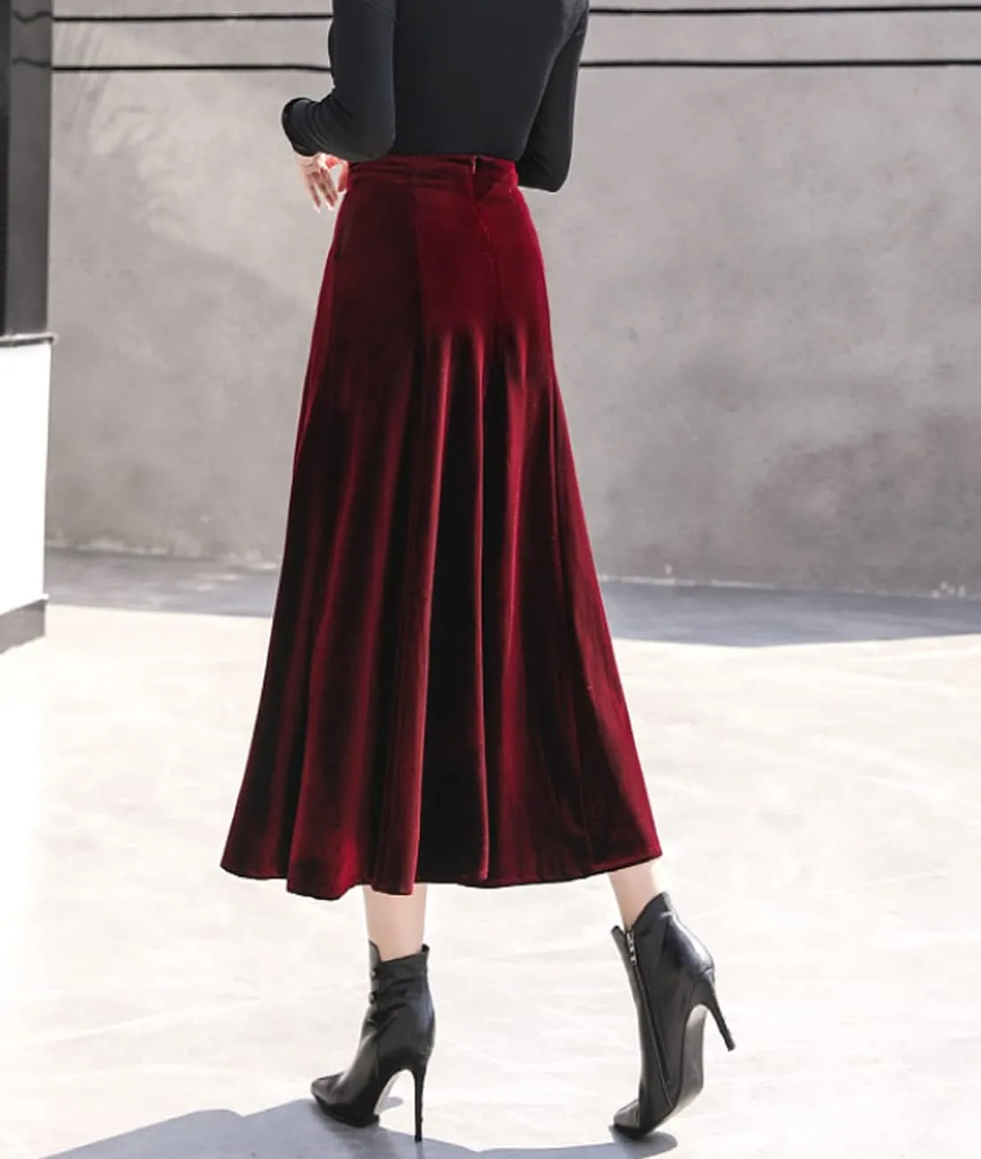 Femiserah Women's Vintage Winter Warm Velvet High Waist Elegant Flowy A-Line Midi Skirt