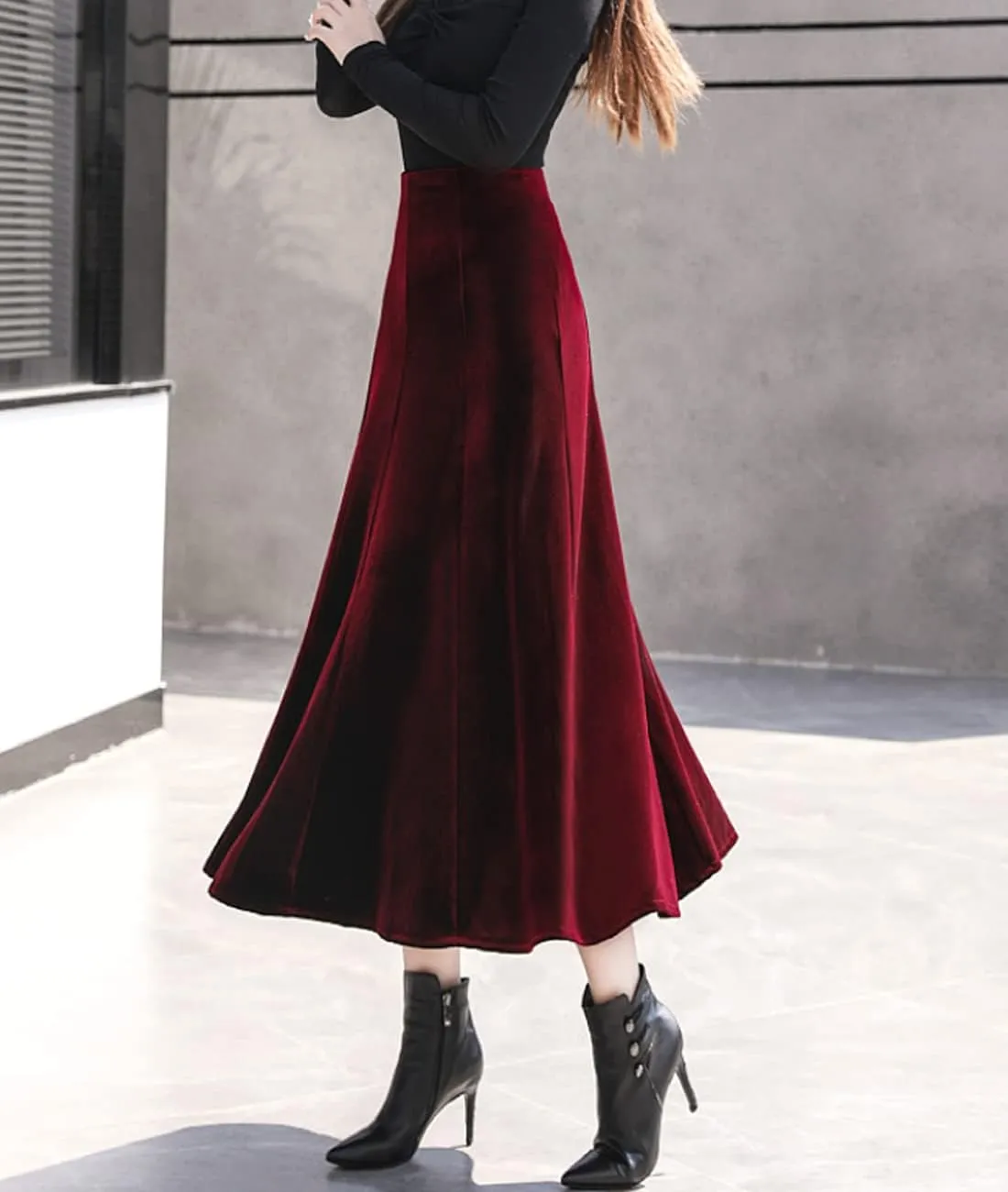Femiserah Women's Vintage Winter Warm Velvet High Waist Elegant Flowy A-Line Midi Skirt