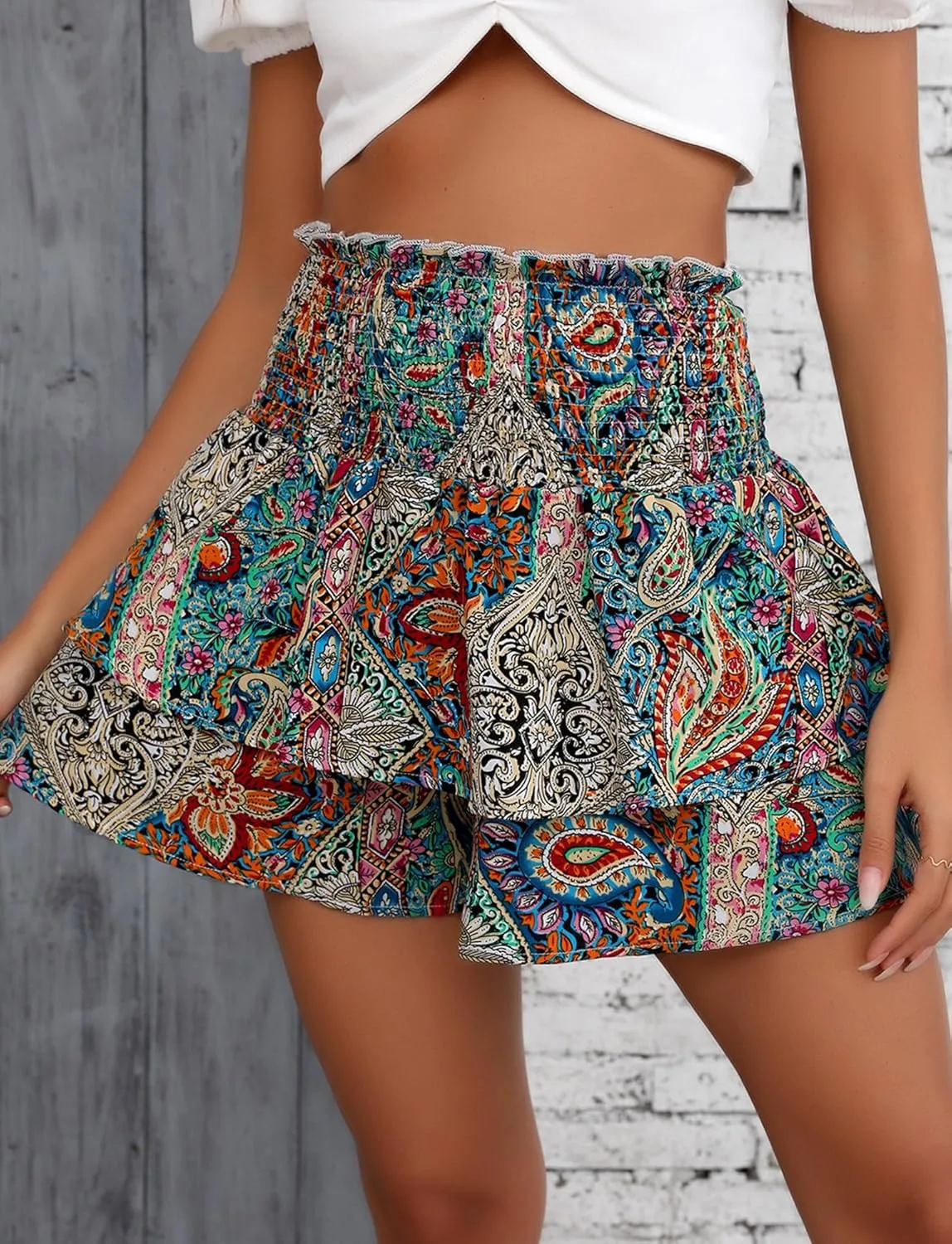 FEOYA Floral Skirts for Women Ruffled High Waisted Boho Skirt Summer A Line Skorts with Shorts Lightweight Wide Leg Shorts
