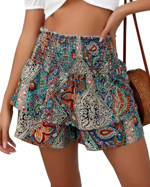 FEOYA Floral Skirts for Women Ruffled High Waisted Boho Skirt Summer A Line Skorts with Shorts Lightweight Wide Leg Shorts