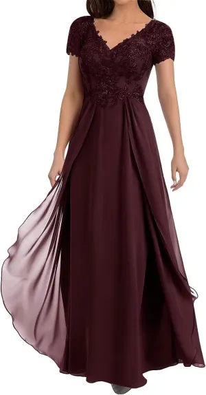 Floral Mother of The Bride Dresses for Wedding Short Sleeves Lace Chiffon Long Formal Dress for Women 2024