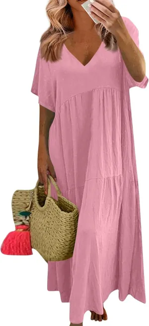 Flowy Dresses for Women Casual Loose Trendy Short Sleeve V-Neck Solid Color Vacation Linen Dress Plus Size, S-5XL