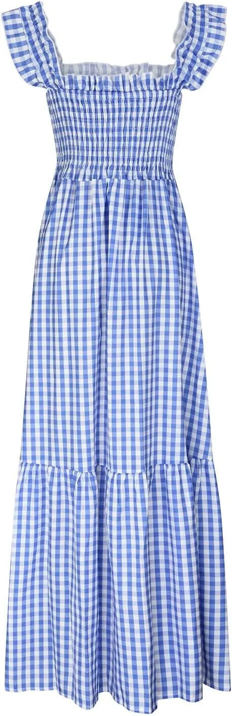 Flowy Dresses for Women Spring Summer Casual Plaid Dresses Smocked Spaghetti Strap Long Dress Vacation Maxi Dress