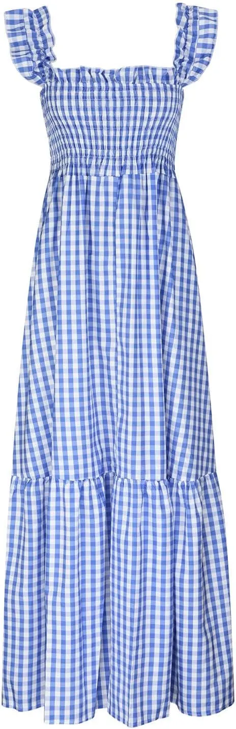 Flowy Dresses for Women Spring Summer Casual Plaid Dresses Smocked Spaghetti Strap Long Dress Vacation Maxi Dress