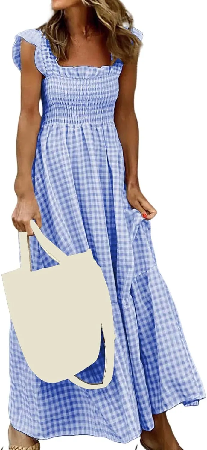 Flowy Dresses for Women Spring Summer Casual Plaid Dresses Smocked Spaghetti Strap Long Dress Vacation Maxi Dress