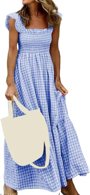 Flowy Dresses for Women Spring Summer Casual Plaid Dresses Smocked Spaghetti Strap Long Dress Vacation Maxi Dress