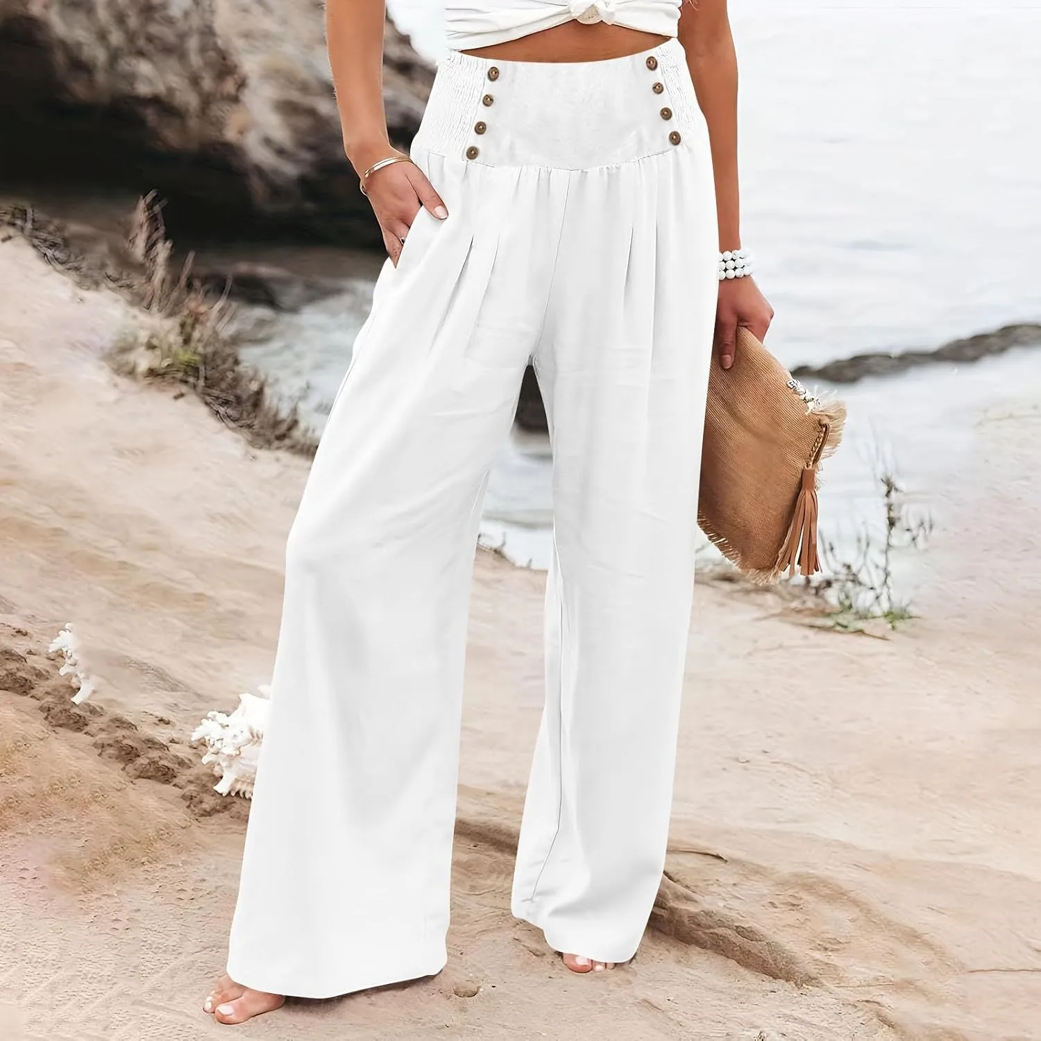 Flowy Pants for Women Wide Leg Beach Trousers Casual Summer Loose Fit Cotton Linen Yoga Palazzo Pants with Pockets