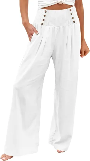 Flowy Pants for Women Wide Leg Beach Trousers Casual Summer Loose Fit Cotton Linen Yoga Palazzo Pants with Pockets